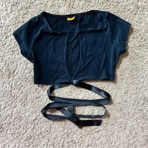 Cropped Wrap Top Black Ribbon